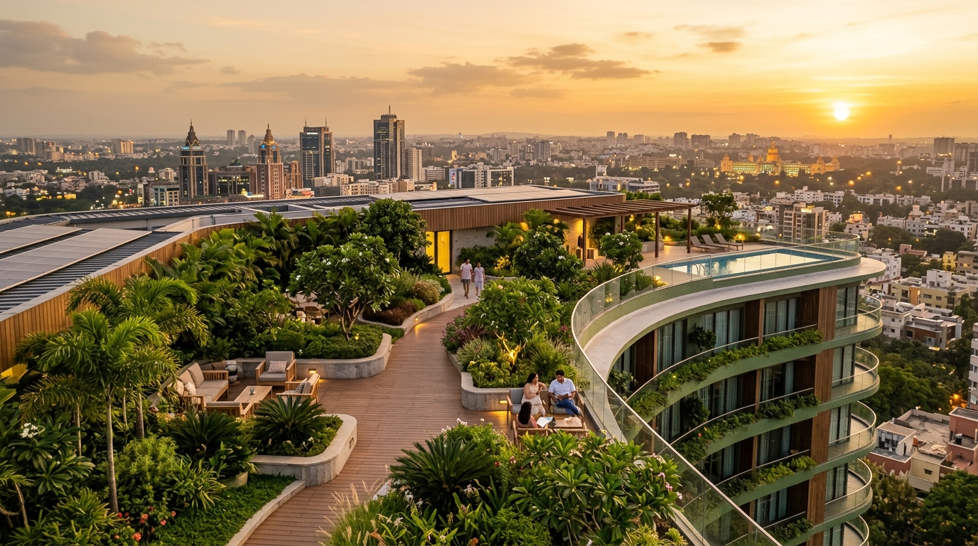 Rooftop garden on a luxury HP Constructions building with panoramic views of Bengaluru